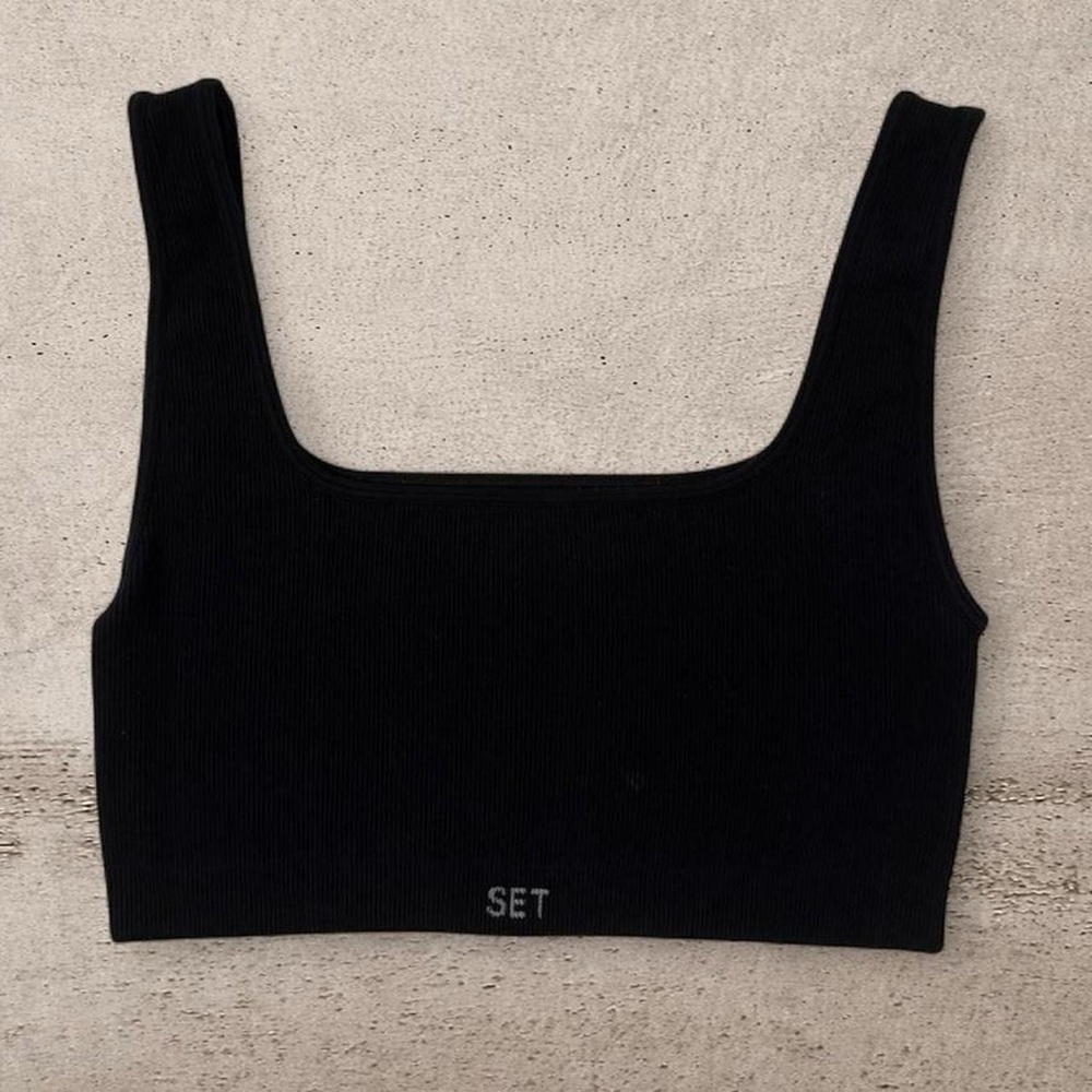 SET Active Black Ribbed Square Neck Sports Bra Crop Top Size L